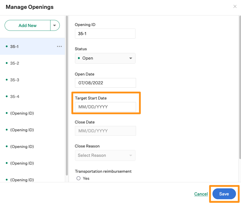 Screenshot of the target start date field. 