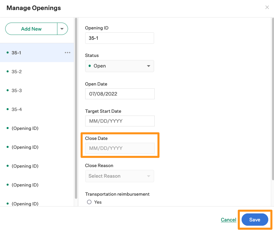 Screenshot of the close date field. 